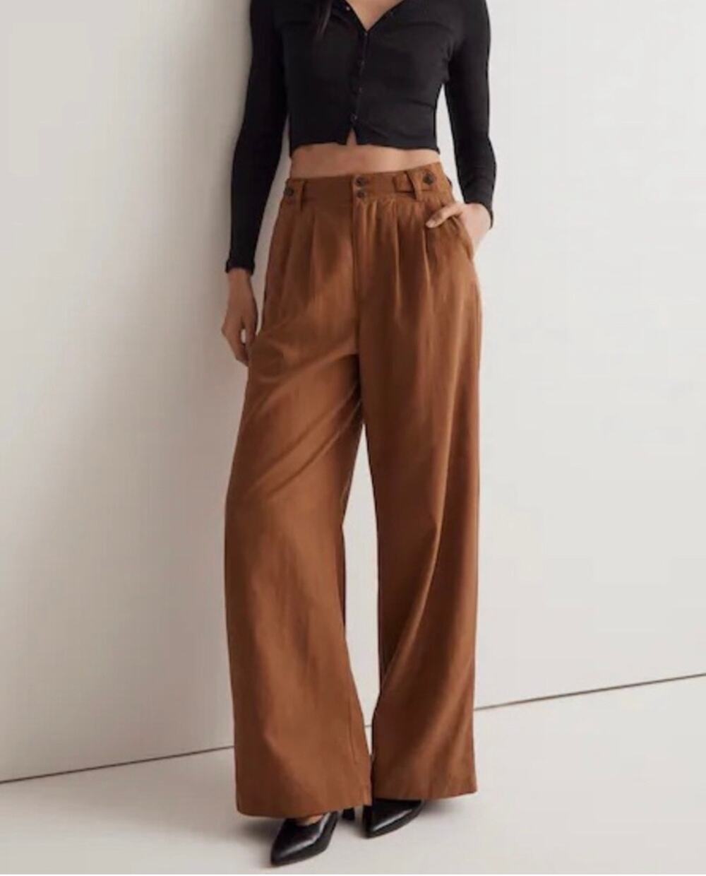 Madewell Pants Womens 10 Brown Harlow Wide Leg Acorn Pleats Drapey Twill Relaxed